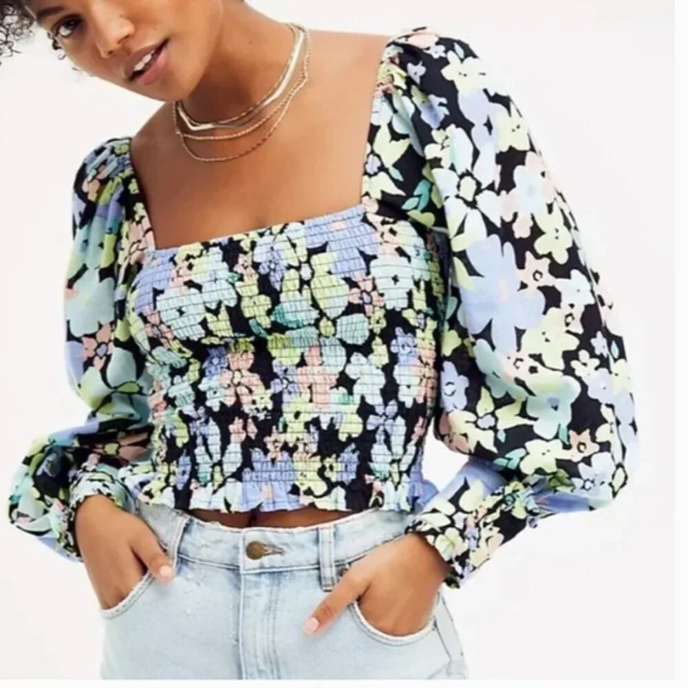 Free People Ariana Blouse Floral Retro Smocked Puff Long Sleeve Shirt Size Small